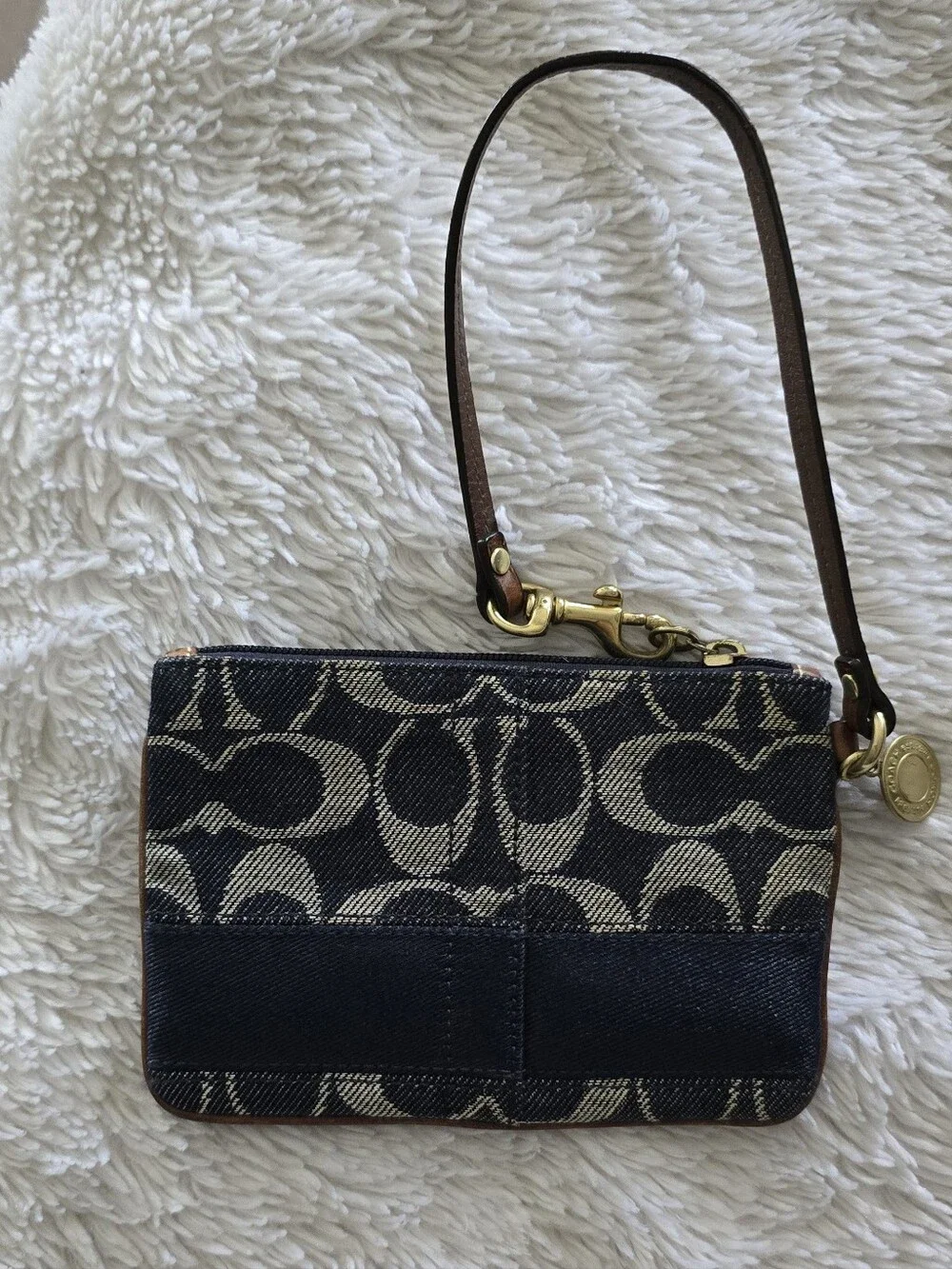 Coach Navy and White Signature Canvas Wristlet